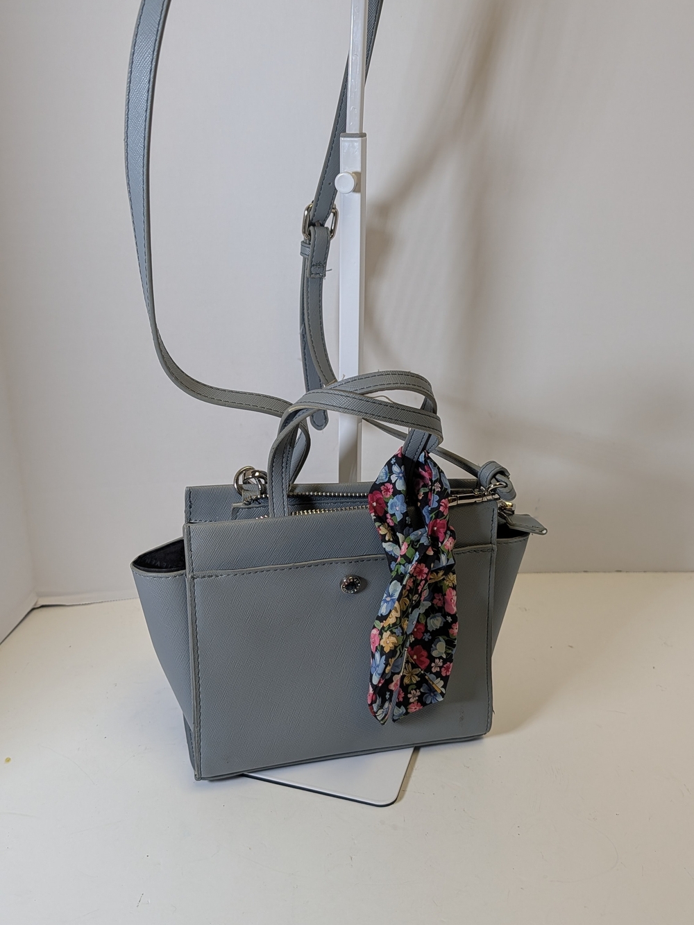 Steve Madden Light Gray Crossbody Satchel with Floral Scarf Accent